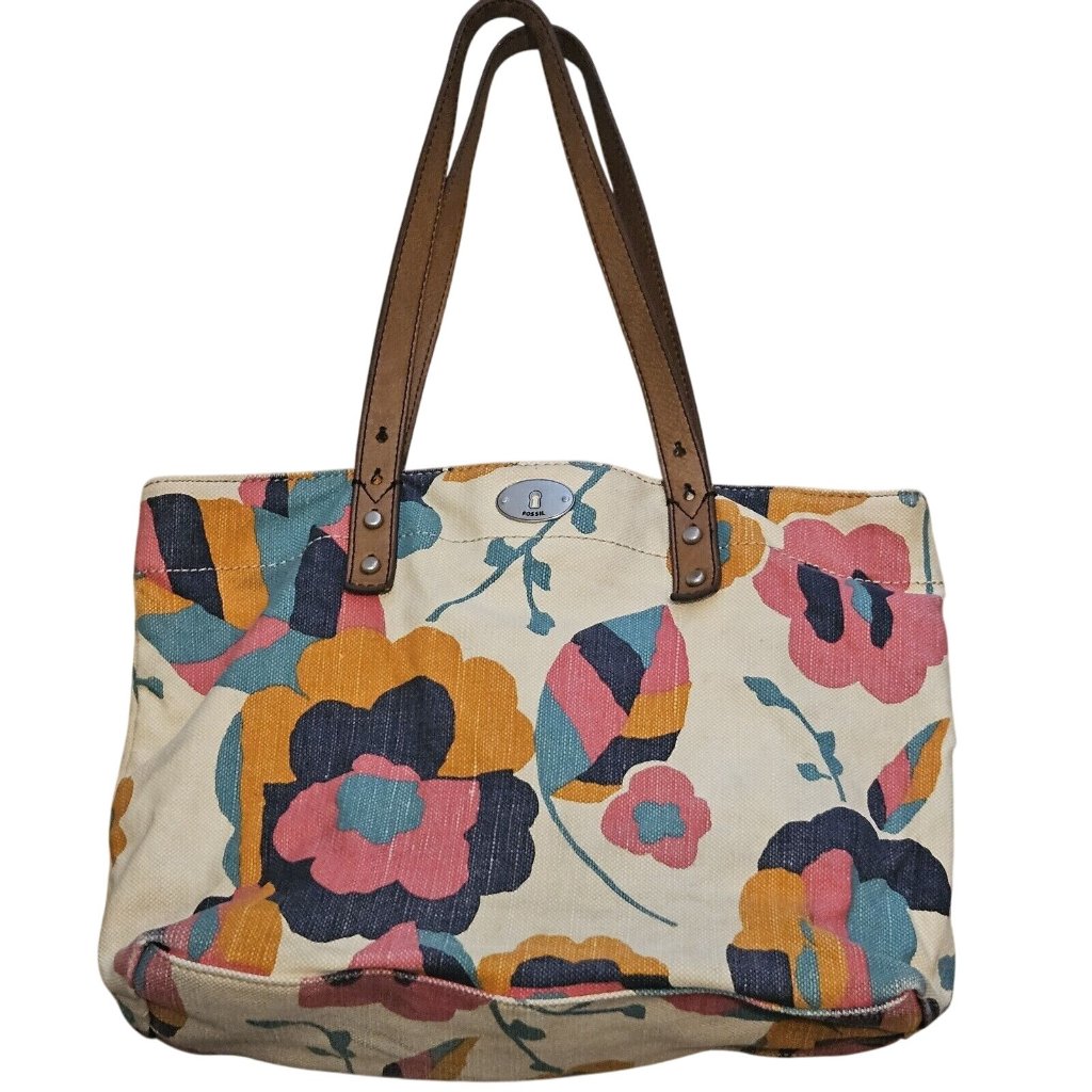 Fossil Hunter Beige Floral Canvas Zip Tote Bag Purse Brown Leather Straps